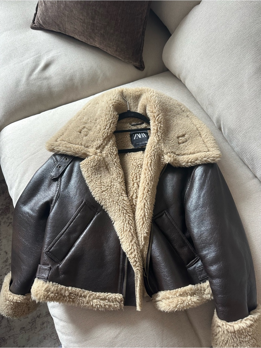 Zara Dark Brown Leather Aviator Jacket with Cream Shearling